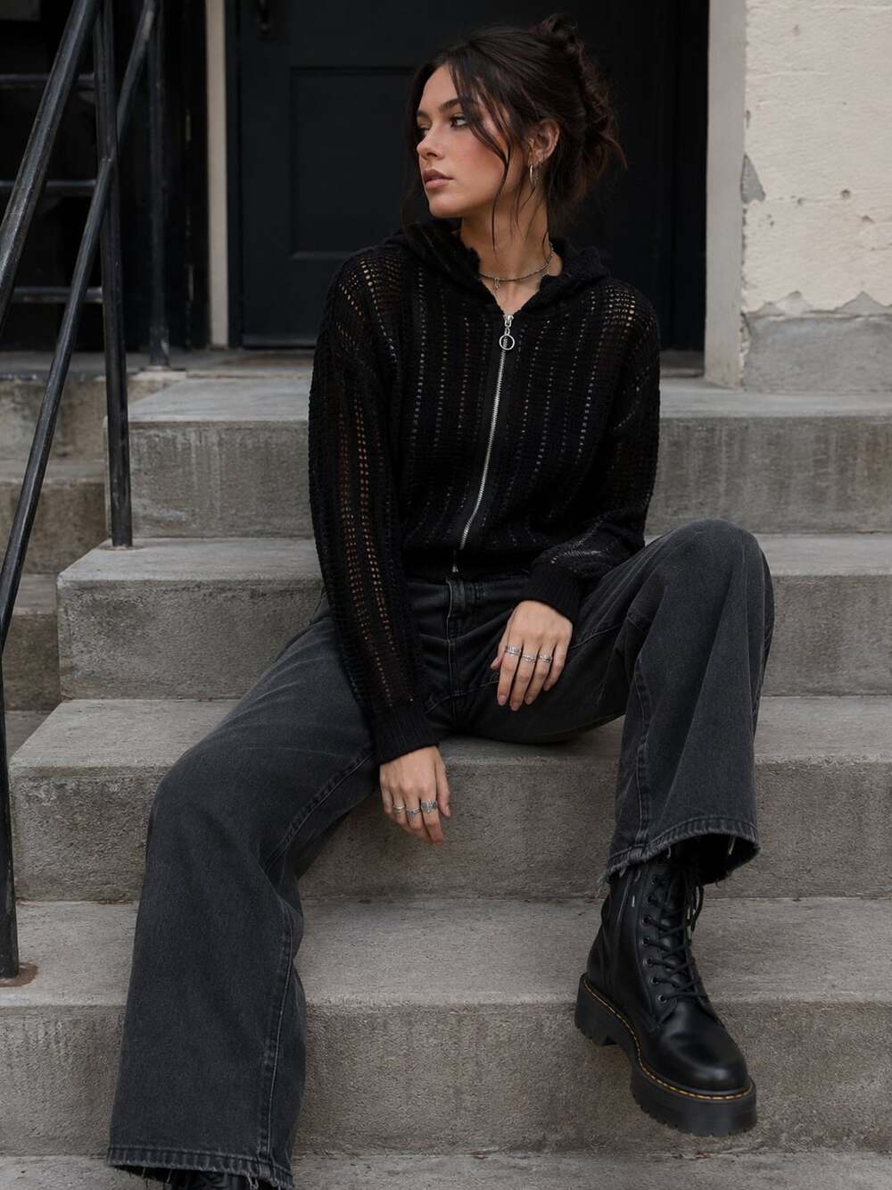 Zara Black Open Knit Mesh Zip Up Hoodie Grunge Y2K Size Small